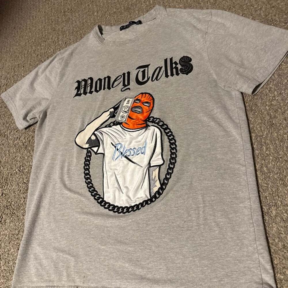 Focus Money Talks Ski Mask Blessed Graphic T-Shirt Grey Size Large